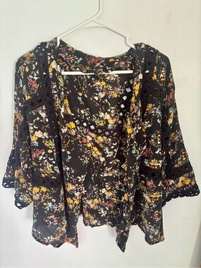 Anthropologie 100% Silk Black Floral Cutwork Kimono Style Cardigan